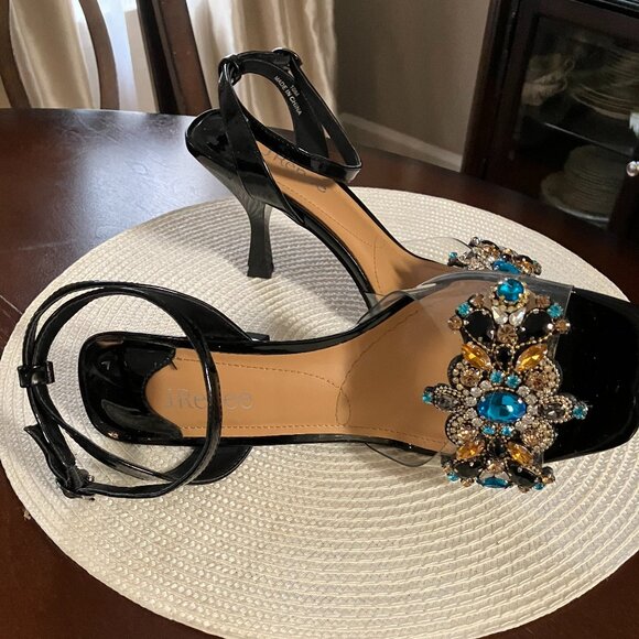 Crystal encrusted, open toe sandal by JRenee', black, 3 inch heel - Picture 3 of 5